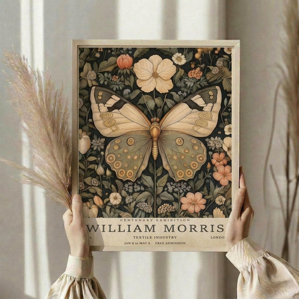 May include: Hands holding a framed vintage-style botanical poster featuring a large cream and brown butterfly with circular wing patterns surrounded by delicate flowers and foliage on a dark background. The frame appears light wood-toned, and dried pampas grass is visible to the left against soft natural lighting and neutral curtains.