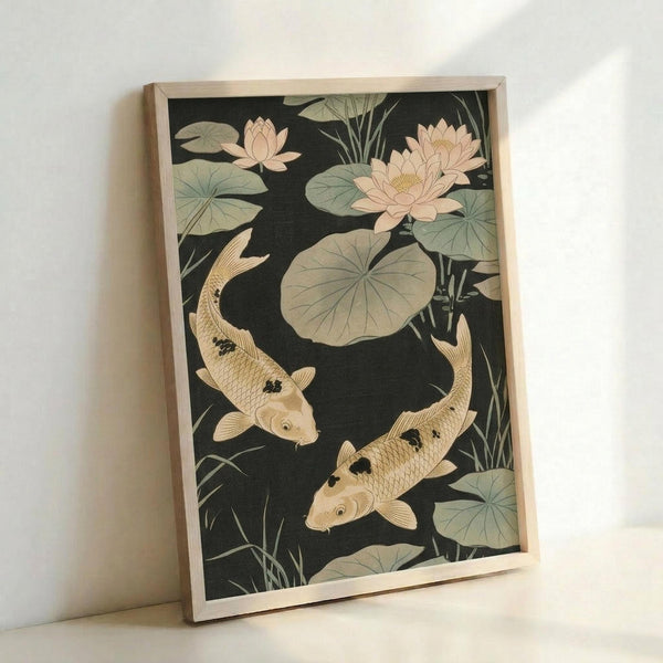 Two golden koi fish swim in a circular pattern around lily pads and pink lotus flowers on a dark green background. The Japanese woodblock print style artwork is displayed in a light wooden frame leaning against a white wall, showing the serene pond scene with detailed fish scales and delicate water plants.