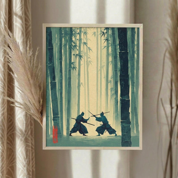 May include: Framed artwork displaying two samurai warriors engaged in sword combat within a misty bamboo forest, rendered in teal and cream tones with Japanese artistic style, hanging on a neutral wall beside dried pampas grass in a modern interior setting