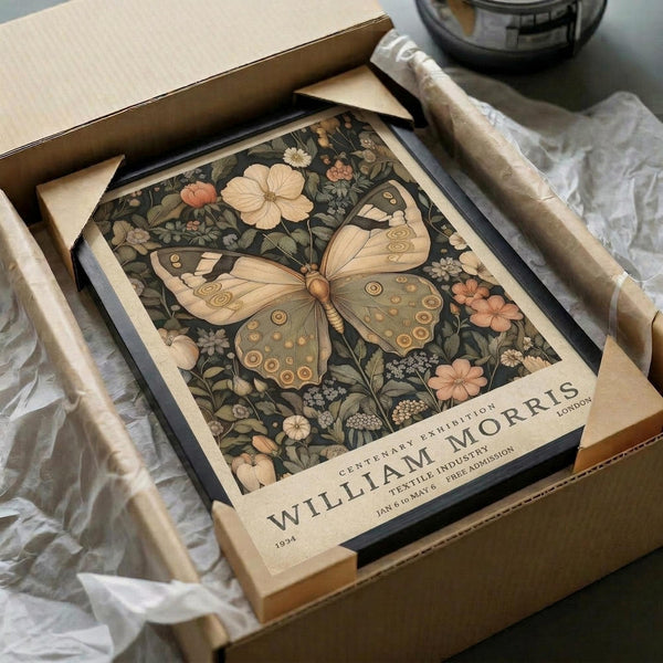 May include: Vintage-style botanical poster featuring a large butterfly with circular wing patterns surrounded by flowers and foliage in muted earth tones of beige, coral, and olive green on dark background. Framed print shown in cardboard shipping box with protective wrapping on white tissue paper beside cardboard tubes, suggesting careful packaging for delivery.