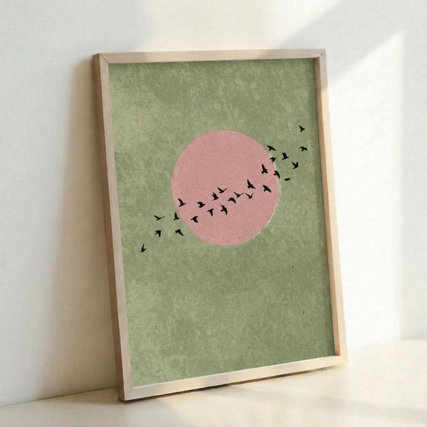 Minimalist poster print featuring a large pink circle on a textured sage green background with black bird silhouettes flying in formation across and around the circle. The artwork is displayed in a light wood frame leaning against a white wall, showing the simple geometric design and nature-inspired elements in muted, earthy tones.