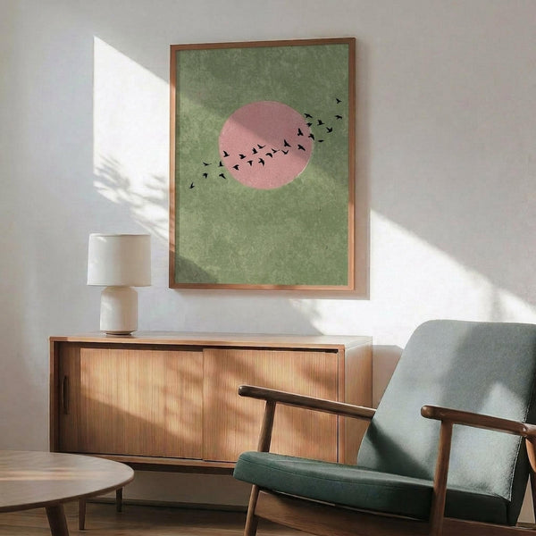 May include: Framed poster with green textured background, large pink circle resembling sun or moon, and flock of small black birds flying across. Wood-framed artwork displayed above mid-century modern wooden credenza with table lamp. Sage green upholstered chair with wooden arms visible in foreground. Warm natural lighting creates shadows on white wall in minimalist living room setting.