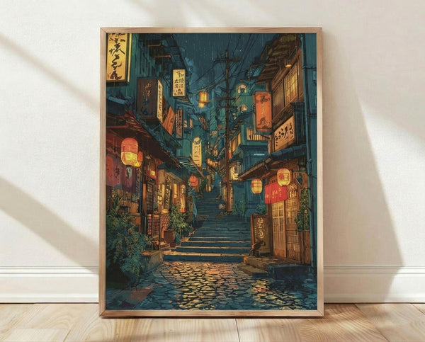 May include: Framed art print displayed on wooden floor against white wall showing atmospheric Japanese street scene with stone steps leading upward between traditional buildings, glowing red and yellow paper lanterns hanging overhead, Japanese signage, wet cobblestones reflecting warm light, evening blue-green tones throughout narrow alley lined with shops and restaurants in detailed illustration style.