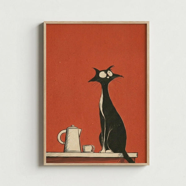 May include: Framed poster print displayed on white wall featuring stylized black cat with wide eyes sitting on wooden surface next to white coffee pot and small cup against vibrant orange-red background, shown in light wood frame with minimal modern room setting