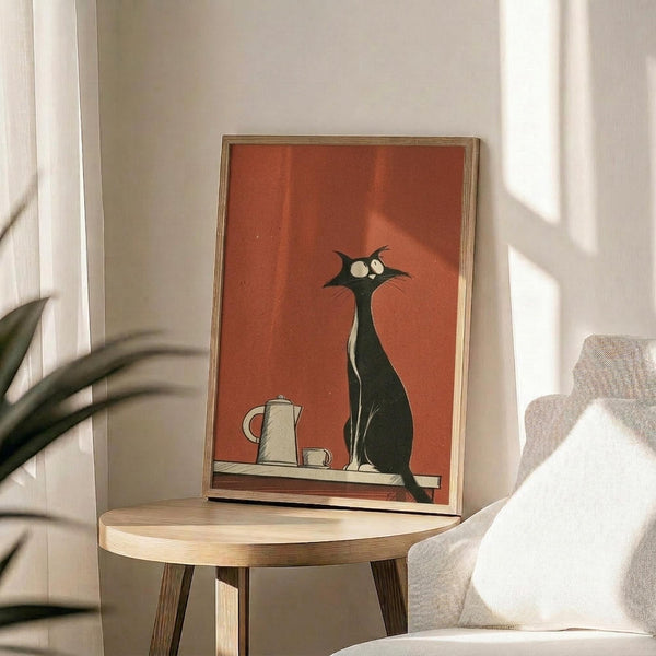 May include: Framed retro-style poster featuring a sleek black cat with white chest sitting beside a white coffee pot and cup on an orange-red background, displayed on a round wooden side table next to a beige upholstered chair, with plant leaves visible and natural sunlight casting shadows across the scene.