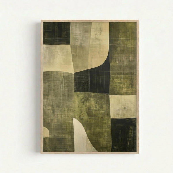 Abstract geometric artwork featuring overlapping curved and angular shapes in earthy tones of olive green, cream, beige, and dark charcoal. The composition has a textured, painterly quality with visible brushstrokes and subtle grid patterns throughout various sections. Displayed in a simple light wood frame against a white wall, the vertical rectangular print shows layered translucent forms creating depth and movement across the canvas.