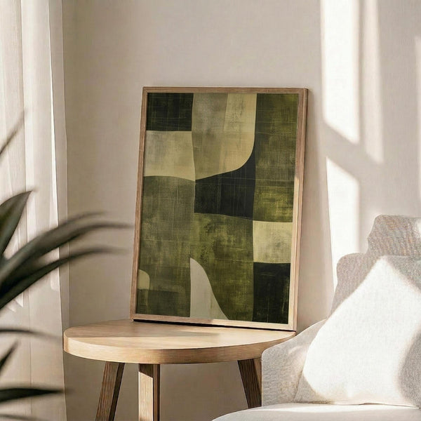 May include: Abstract geometric artwork in earth tones displayed in thin wooden frame on round natural wood side table. Composition features overlapping curved and angular shapes in various shades of green, olive, cream and dark forest green with textured, weathered appearance. Scene shows bright natural lighting, plant shadows, and neutral beige upholstered chair in modern minimalist interior setting.