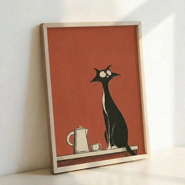 May include: Framed poster print leaning against white wall showing stylized black cat with white chest and wide eyes sitting beside cream-colored coffee pot and mug on table surface, all set against warm rust orange background in mid-century modern illustration style with natural wood frame