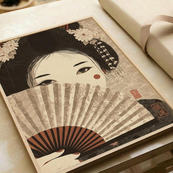 Japanese-style illustration of a woman with black hair adorned with white flowers, holding an ornate folding fan that partially covers her face. The artwork features traditional patterns, muted earth tones of cream, brown, and black, with intricate geometric designs in the background. The print is displayed on white paper with a beige ribbon visible, showing fine line work and vintage woodblock print aesthetic.