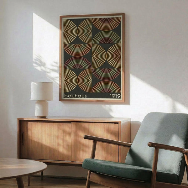 May include: Framed geometric poster with colorful concentric circles in red, green, and yellow on dark background, displayed above wooden sideboard with table lamp in modern living room setting. Mid-century style chair with sage green upholstery visible in foreground. Natural sunlight creates shadows on white wall.