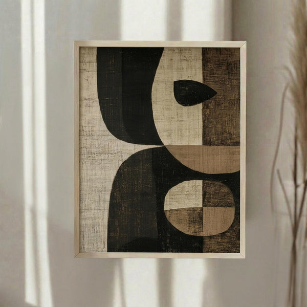 May include: Framed abstract geometric artwork with organic curved shapes in black, cream, and brown earth tones, displayed on white wall beside flowing curtains. The composition features overlapping semicircles and rounded forms with a weathered, textured appearance in natural wood frame.