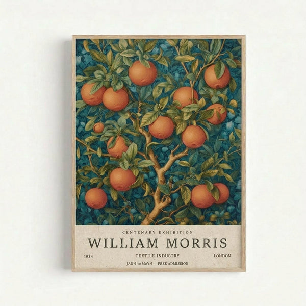 Framed vintage exhibition poster featuring an ornate botanical illustration of orange fruit trees with ripe oranges hanging from leafy branches against a rich teal blue background. The decorative design shows intricate detail in the foliage with golden-green leaves. Below the artwork is cream-colored text reading "CENTENARY EXHIBITION WILLIAM MORRIS" with "1934 TEXTILE INDUSTRY LONDON JAN 6 to MAY 6 FREE ADMISSION" in smaller print. The poster has a natural wood frame and is displayed ag