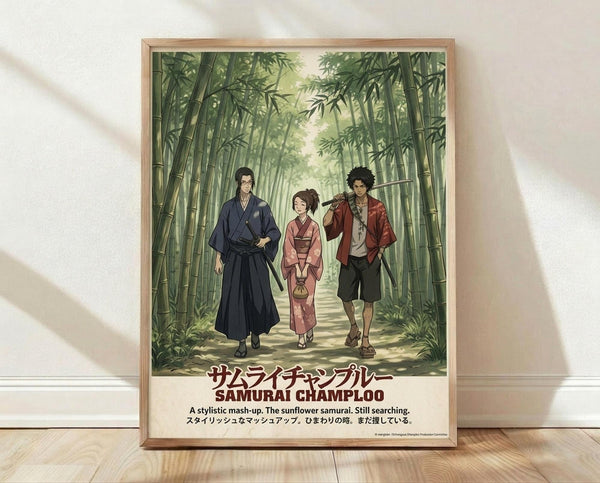 May include: Framed anime poster displayed on wooden floor against white wall with natural lighting. Shows three characters walking through green bamboo forest - man in dark blue robes, woman in pink kimono, and man in red jacket carrying sword. Japanese and English text at bottom. Light wooden frame, portrait orientation.