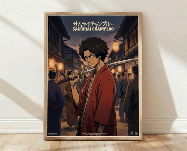 May include: Framed anime poster showing a dark-haired samurai character in red robes holding a katana sword, set against a traditional Japanese street scene with paper lanterns and crowds at dusk. The artwork features Japanese text at the top and displays rich warm colors with detailed manga-style illustration. The wooden frame sits on light hardwood flooring against a white wall with natural lighting casting soft shadows.