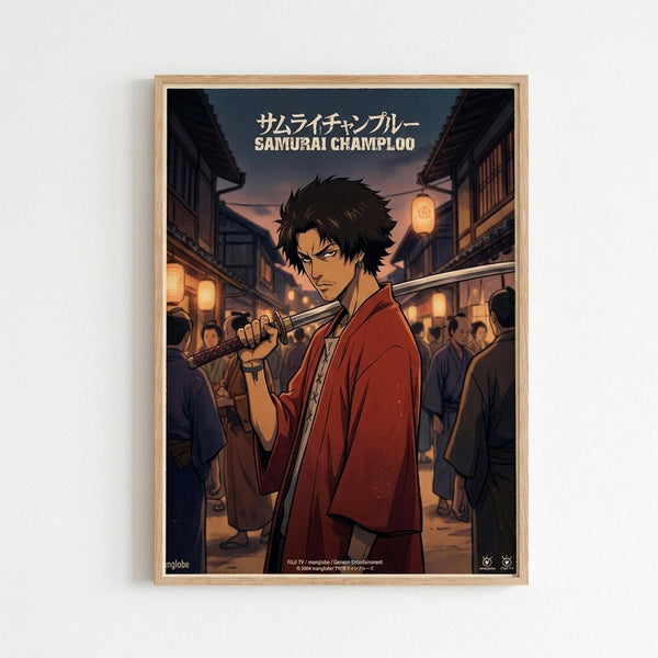 May include: Framed anime poster in light wood frame mounted on white wall. Shows dark-haired male character in red kimono holding katana sword on traditional Japanese street at dusk with paper lanterns and crowds. Japanese and English text at top. Artwork has warm orange and blue tones with detailed illustration style.