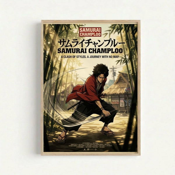 Framed anime-style poster featuring a dark-haired samurai character in red and black clothing, crouching with a katana sword in a bamboo forest setting. The artwork shows traditional Japanese architecture in the background with warm golden lighting filtering through the trees. Text at the top reads "Samurai Champloo" with Japanese characters and the tagline "A clash of styles. A journey with no map." The poster is displayed in a light wooden frame against a white wall.