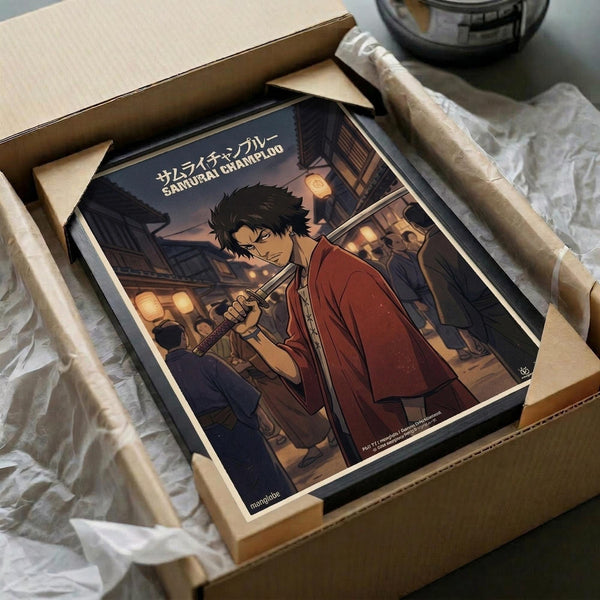 May include: Framed anime poster featuring a dark-haired samurai character in red robes holding a sword, set against a traditional Japanese street scene with lanterns at dusk. The artwork shows warm orange and purple tones with detailed architectural backgrounds. Frame appears black, displayed in an unboxing scene with cardboard packaging, white tissue paper, and wooden protective materials on a neutral surface.