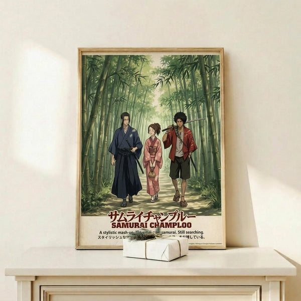 May include: Framed anime poster displayed on light wood shelf against cream wall. Shows three characters walking through green bamboo forest - man in dark blue traditional robes, woman in pink kimono, and man in red jacket with dark pants. Japanese and English text at bottom reads "Samurai Champloo" with tagline. Natural wood frame, small white decorative box on shelf beside poster.