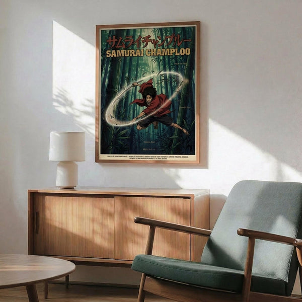 May include: Framed anime poster displayed above wooden sideboard in modern living room. Shows samurai character in red clothing wielding sword in bamboo forest setting. Japanese and English text at top. Warm wood frame matches mid-century furniture. Green upholstered chair and white table lamp visible. Natural sunlight creates shadows on white wall.