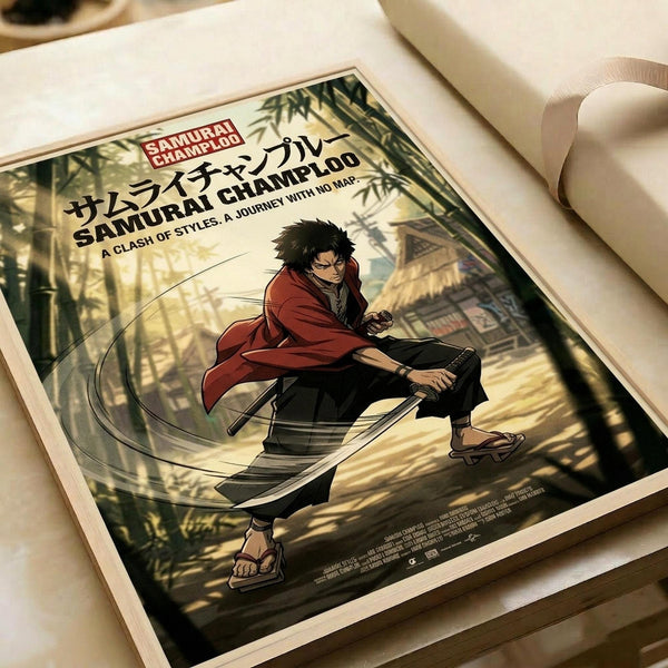 May include: Framed anime poster print displayed on white fabric surface with rolled paper tube nearby. Features dark-haired samurai character in red and black robes holding katana sword, set against bamboo forest background with dappled sunlight. Japanese text at top, English subtitle below. Warm earth tones with green foliage details.