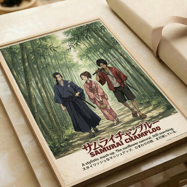 May include: Anime-style poster print displayed on cream paper showing three characters walking through a green bamboo forest. Features a samurai in dark blue robes with sword, a woman in pink kimono, and a man with afro in red jacket. Japanese text appears at bottom. Soft natural lighting creates shadows across the vintage-style print.
