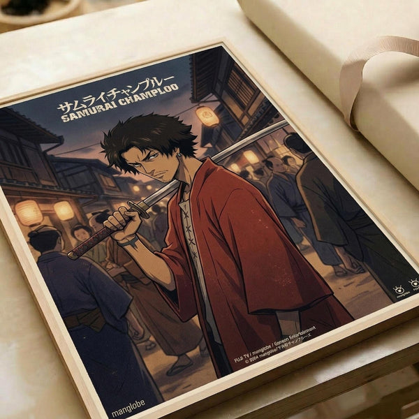 May include: Anime poster print displayed on white surface with decorative ribbon. Shows character with dark messy hair in red traditional Japanese clothing holding a sword, set against evening street scene with lanterns and buildings. Japanese text at top. Art style features warm lighting and detailed background scenery.