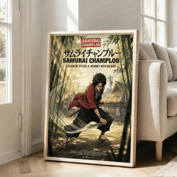 May include: Framed anime poster leaning against white wall in bright living room with beige sofa. Shows dark-haired samurai character in red jacket and dark pants, crouched with sword, surrounded by bamboo forest. Traditional Japanese village with thatched roof buildings visible in golden-lit background. White wooden frame, poster displays vintage movie poster styling with Japanese and English text at top.