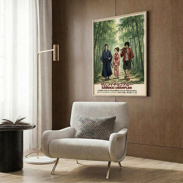 May include: Framed anime poster displaying three characters walking through a bamboo forest - one in dark blue robes, one in pink kimono, and one in red jacket. The artwork features lush green bamboo with Japanese text below. Poster hangs on wood-paneled wall above a beige upholstered armchair with geometric throw pillow. Modern floor lamp and side table with open book complete the cozy reading nook setting.