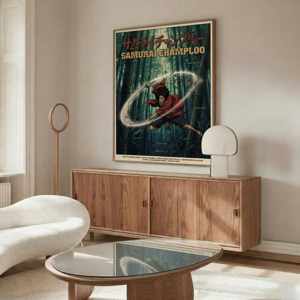 May include: Framed anime poster showing samurai character in red clothing wielding sword with white energy trail, set against bamboo forest background. Poster mounted above wooden sideboard with sliding doors in modern living room with white curved chair, glass coffee table, and white table lamp.