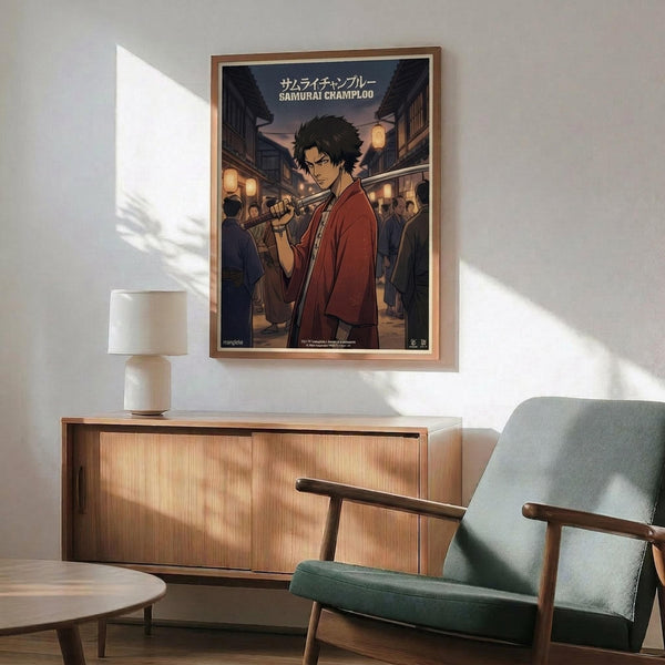 May include: Framed anime poster featuring a dark-haired samurai character in red robes holding a sword, set against a traditional Japanese street scene with lanterns and crowds at dusk. The poster hangs above a wooden sideboard with a white ceramic table lamp, next to a mid-century modern teal upholstered armchair with wooden frame. Warm sunlight streams across white walls creating geometric shadows in this minimalist living room setting.