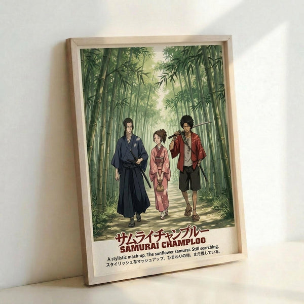 May include: Framed anime poster leaning against white wall showing three characters walking through green bamboo forest path. Left figure wears dark blue traditional robes, center figure in pink kimono, right figure in red jacket carrying sword. Japanese text at bottom with English subtitle. Light wood frame, soft lighting creates shadows on wall.