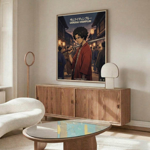 May include: Framed anime poster mounted on white wall above wooden credenza in modern living room. Poster shows dark-haired samurai character in red kimono holding sword on traditional Japanese street at dusk with lanterns and crowds. Room features white curved chair, oval glass coffee table, brass floor lamp, and neutral decor with natural lighting.