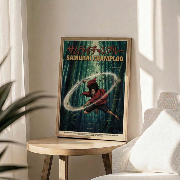 May include: Framed anime poster displayed on a round wooden side table next to a beige upholstered chair. The poster features a character in red clothing wielding a sword in a bamboo forest setting, with Japanese and English text at the top. Natural lighting creates soft shadows across the neutral-toned room with white walls and a potted plant visible in the corner.