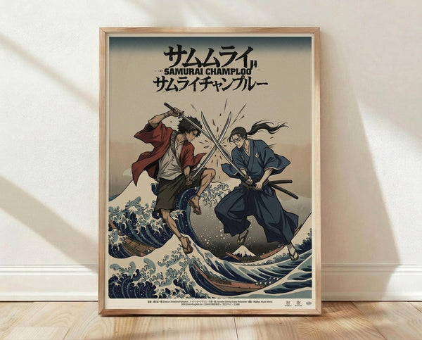 May include: Framed anime poster displaying two samurai warriors engaged in sword combat above stylized ocean waves reminiscent of traditional Japanese woodblock prints. The artwork features a character in red and tan clothing fighting another in blue robes with glasses, set against a cream background with Japanese text at the top. The print is displayed in a natural wood frame on white walls above light wooden flooring.