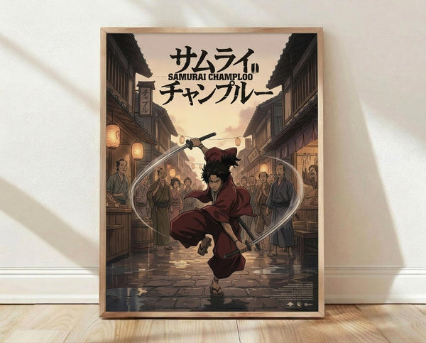 May include: Framed anime-style poster showing a samurai warrior in burgundy robes wielding dual swords in dynamic action pose on cobblestone street. Traditional Japanese village setting with wooden buildings, glowing lanterns, and crowd of onlookers. Japanese text at top with English subtitle. Warm sunset lighting creates atmospheric scene. Natural wood frame displayed against white wall on wooden floor with soft shadows.
