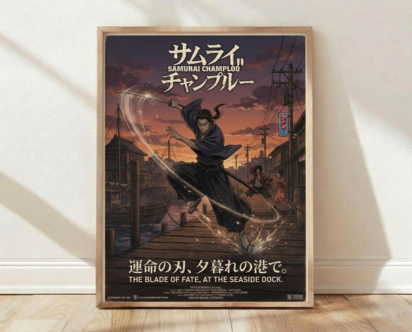 May include: Framed anime poster leaning against white wall on light wooden floor. Poster shows samurai character mid-leap with flowing sword trail over seaside dock at sunset. Features Japanese text at top, English subtitle "The Blade of Fate, At the Seaside Dock" at bottom. Warm orange sky contrasts with detailed traditional Japanese harbor town setting. Two background figures visible on wooden pier. Natural wood frame surrounds artwork.