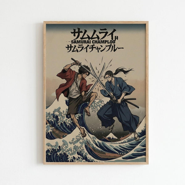 May include: Framed anime poster mounted on white wall showing two samurai warriors with swords crossing blades above stylized ocean waves in traditional Japanese art style. Characters wear red and blue robes, depicted in ukiyo-e inspired illustration with Japanese text at top. Light wood frame surrounds the artwork against neutral wall background.