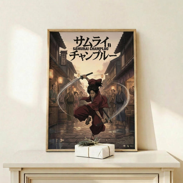 May include: Framed anime poster displayed on light wood shelf against white wall, showing samurai character in red robes wielding sword on historic Japanese street with traditional buildings and onlookers, Japanese text at top, warm sunset lighting in artwork, small white gift box with greenery sits in front of frame