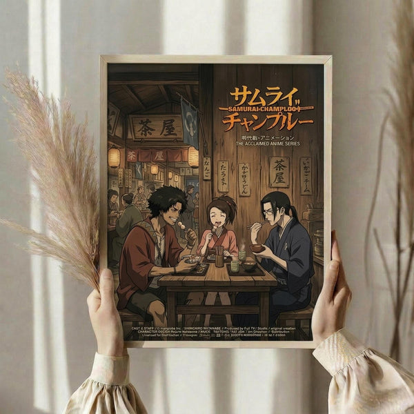 May include: Hands holding a framed anime poster showing three characters dining in a traditional Japanese tea house. The artwork features warm earth tones with detailed interior architecture, lanterns, and wooden furnishings. The frame has a light wood finish and the scene includes dried wheat stalks and neutral fabric in the background styling.