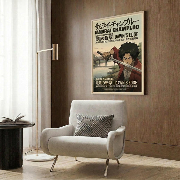 May include: Framed anime poster hanging on wood-paneled wall above beige upholstered armchair with geometric patterned pillow. Poster shows samurai character with dark hair holding sword, Japanese and English text visible. Modern living room setting with brass floor lamp, round side table with open book, and sheer curtains in natural lighting.