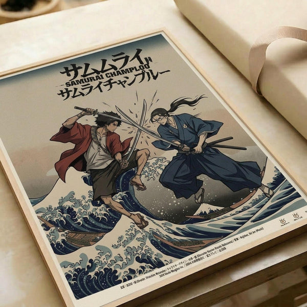 May include: Framed poster print displayed on white fabric surface showing two samurai warriors dueling with swords amid stylized ocean waves in traditional Japanese ukiyo-e art style. Features blue and white wave patterns reminiscent of Hokusai's Great Wave, with characters in red and blue robes engaged in dynamic sword combat. Japanese text appears at top of artwork.