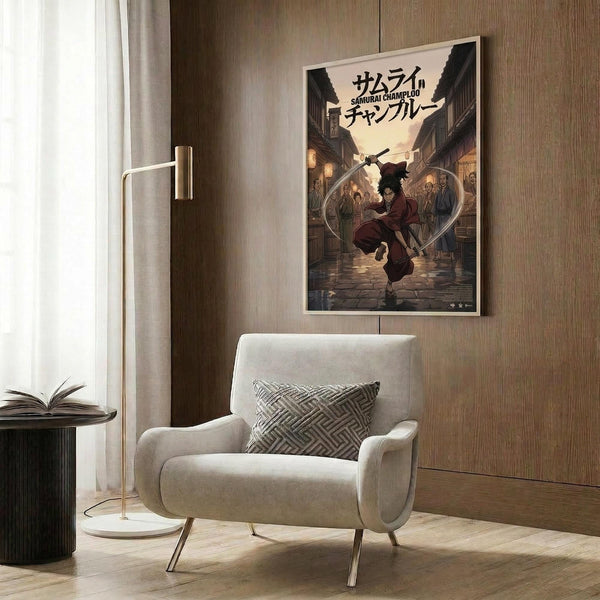 May include: Framed anime poster featuring samurai character with sword in traditional Japanese street scene, displayed on wood-paneled wall above cream upholstered armchair with geometric pillow. Modern living room setting with gold floor lamp, dark side table with open book, and warm neutral tones throughout.