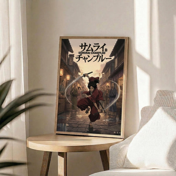May include: Framed anime poster in light wood frame displayed on round wooden side table next to beige upholstered chair. Poster shows samurai character in red clothing with sword amid traditional Japanese street scene with lanterns and crowd. Room has white walls, natural lighting, and green plant leaves visible in corner.