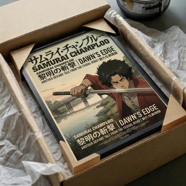 May include: Framed anime poster featuring a dark-haired samurai character in red robes holding a katana sword, with Japanese and English text overlay. The print sits in a wooden frame inside an open cardboard shipping box with white tissue paper padding. The artwork shows muted earth tones with a landscape background. A dark glass object is partially visible in the corner of the scene.