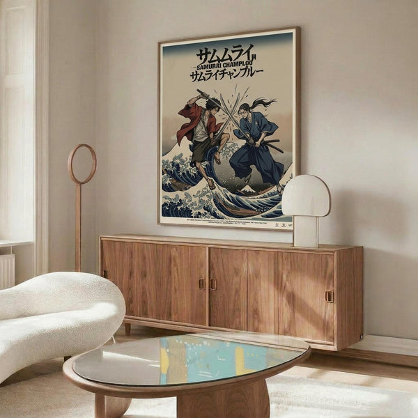 May include: Framed anime poster on white wall above wooden sideboard in modern living room. Poster shows two samurai warriors dueling over stylized ocean wave in vintage Japanese art style with blue, cream and red colors. White curved chair and glass coffee table visible in foreground with warm natural lighting.