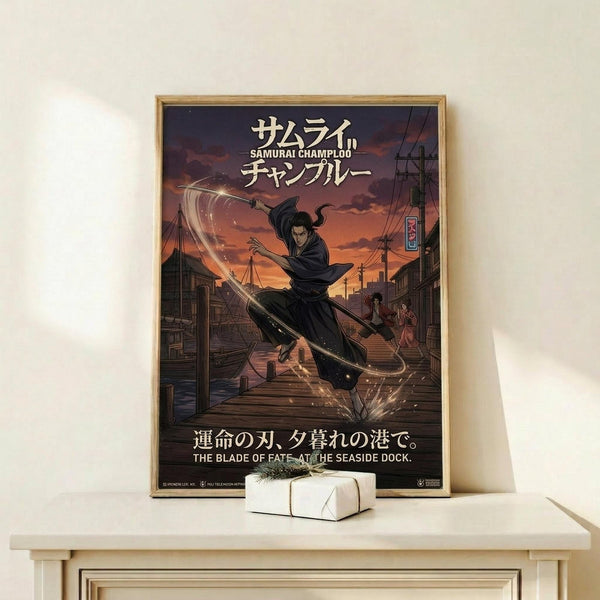 May include: Framed anime poster on light wood shelf showing samurai character with flowing dark robes wielding sword on wooden dock at sunset. Japanese text at top, English subtitle below. Orange and purple sky backdrop with traditional buildings. Small wrapped gift box beside frame on minimal wooden furniture against cream wall.