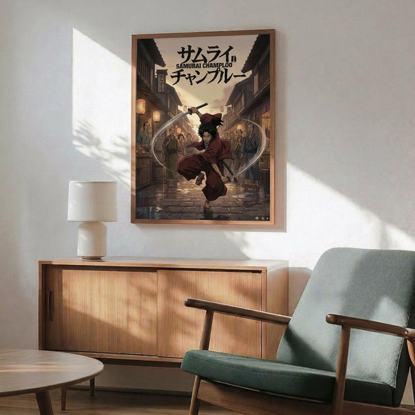 May include: Framed anime poster showing samurai character with sword in traditional Japanese street scene, displayed above wooden sideboard with white ceramic lamp in modern living room with mint green armchair and natural lighting