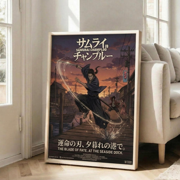 May include: Framed anime poster leaning against white wall in bright living room with beige sofa. Artwork shows samurai character in dark robes wielding sword on wooden dock at sunset, with traditional Japanese buildings and orange sky. Japanese and English text visible. Light wood frame, poster reaches mid-height of sofa arm.