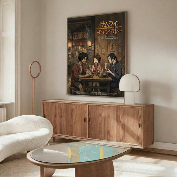 May include: Anime poster print displayed above wooden sideboard in modern living room setting. Three animated characters sit at table in traditional Japanese tea house scene with warm lighting and architectural details. Poster has thin frame, surrounded by white chair, floor lamp, and glass coffee table reflecting blue and yellow tones.