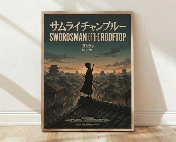 May include: Framed poster print leaning against white wall on wooden floor. Dark green and orange sunset artwork shows silhouetted figure with sword standing on traditional Japanese rooftops overlooking a village. Japanese and English text at top. Warm natural lighting creates soft shadows on textured white wall behind light wood frame.